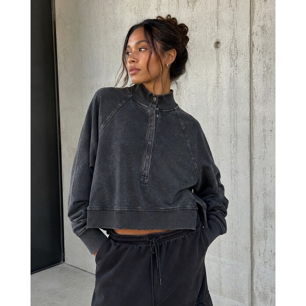 NWT American Eagle Acid Wash Cape Poncho Sweatshirt Snap Neck Oversized Cropped